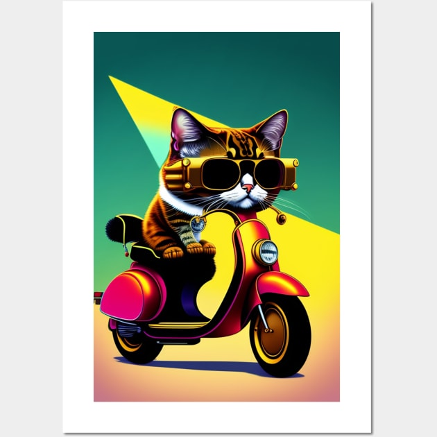 Cute Cats Riding Vespa with Sunglasses Wall Art by Fun and Cool Tees